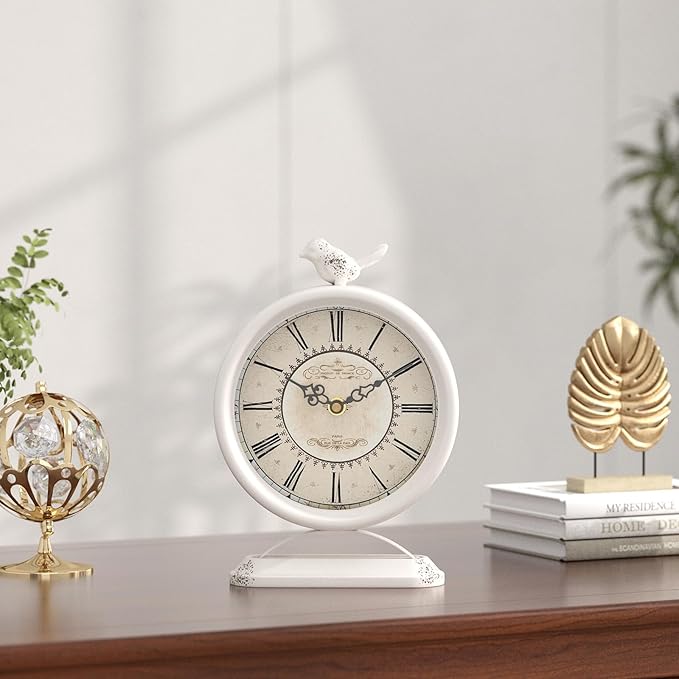 Vintage Table Clock with Bird, European Antique Style White Mantel Clocks, Desk and Shelf Decor Clock, for Farmhouse, Bedside, Living Room, Bedroom, Gift (9" H x 6.5" W)