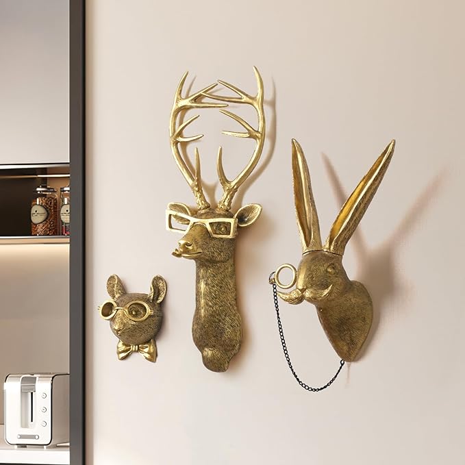 Animal Heads Wall Decor, Faux Deer Head Mount, Animal Sculptures Wall Decor, Resin Animal Head Wall Hanging Decoration for Living Room Bedroom Kitchen Gift,Deer