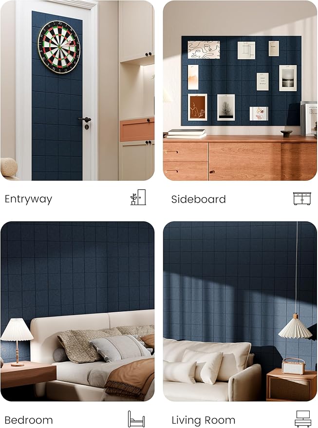 Bumusty Large Felt Bulletin Board, 48" x 36" Cork Board Alternative, 12-Pack Wall Tiles with 4-Compartment Design, 30 Push Pins, 70 Adhesive Tabs, Ideal for Office & Home Decor, Navy Blue