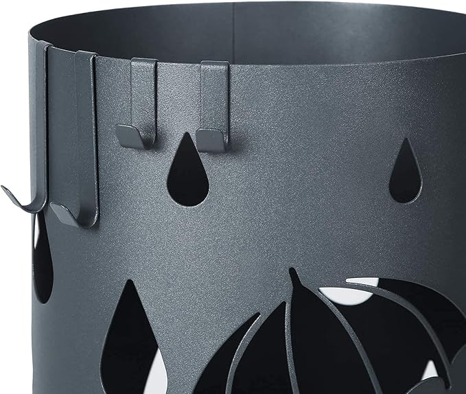 SONGMICS Umbrella Stand, Metal Umbrella Holder for Entryway, with Water Tray and 4 Hooks, 7.7 x 7.7 x 19.3 Inches, Round, Anthracite Gray ULUC23AG