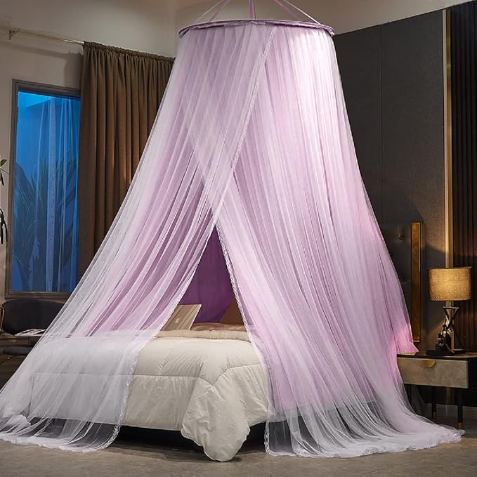 Kertnic Luxurious Bed Canopy for Girls & Adults - Double Layer Princess Canopy with Lace, Round Dome Mosquito Netting for Queen/King Bed Tent (Purple)