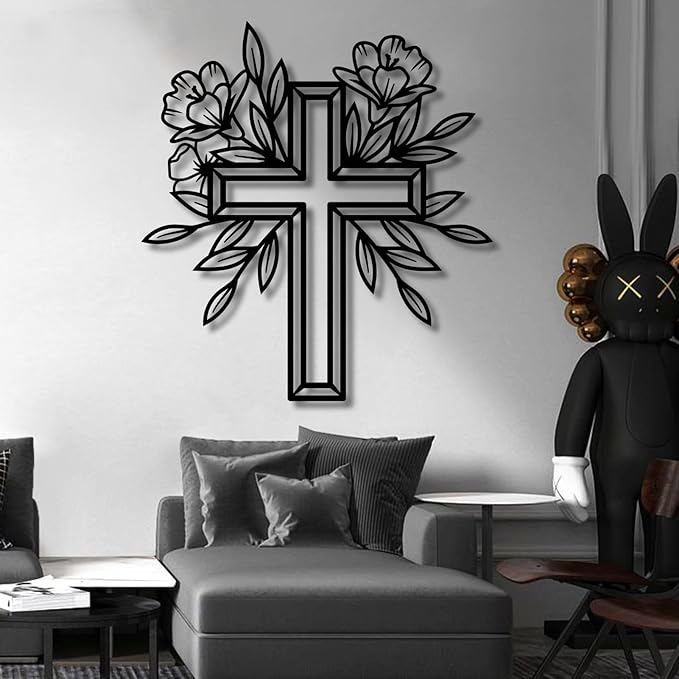 ENJOYOO Metal Cross Wall Decor, Religious Cross Decoration, Flower Metal Wall Art, Garden Wall Art Outdoor (Black, 19×17in/47×43cm, metal wall art)