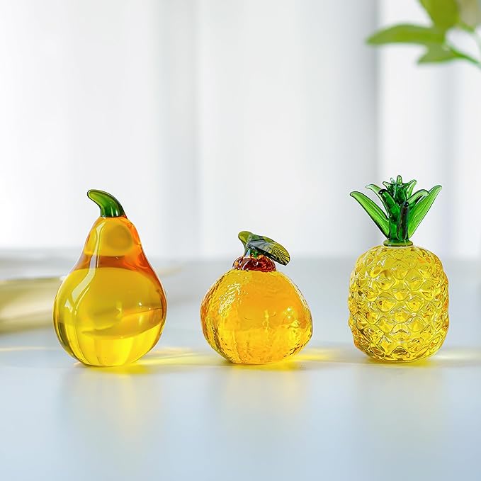 Set of 3 Glass Fruits Decor Pineapple Orange Pear Fruit Figurine Decorations as Collections for Home Wedding