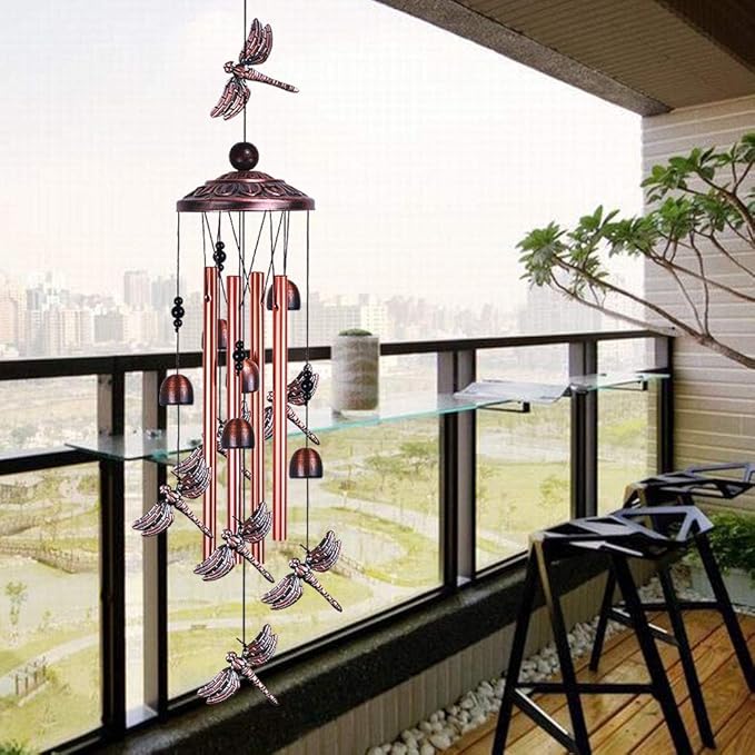 Dragonfly Wind Chimes Outdoor Decor - With 4 Tubes 6 Bells 7 Dragonflies 36" Waterproof Mobile Romantic Wind Catcher Dragonfly Windchimes for Home, Xmas Mom Gifts, Festival, Balcony, Garden Decoration