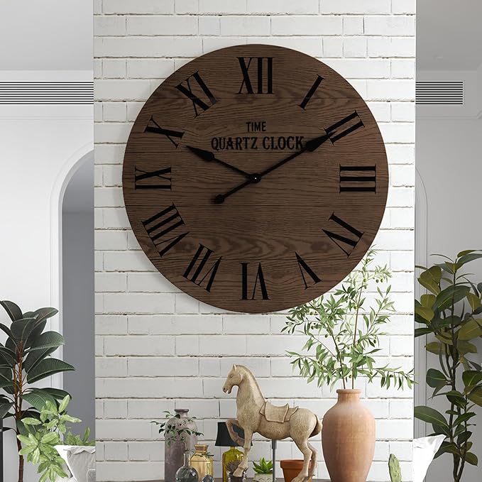 ARTPOWER Large Farmhouse Wall Clock, 35.5” Shiplap Wall Clock with Roman Numeral, Nearly Non-Ticking, Round Wall Clocks for Living Room Decor, Office, Bedroom, Entrance, Brown