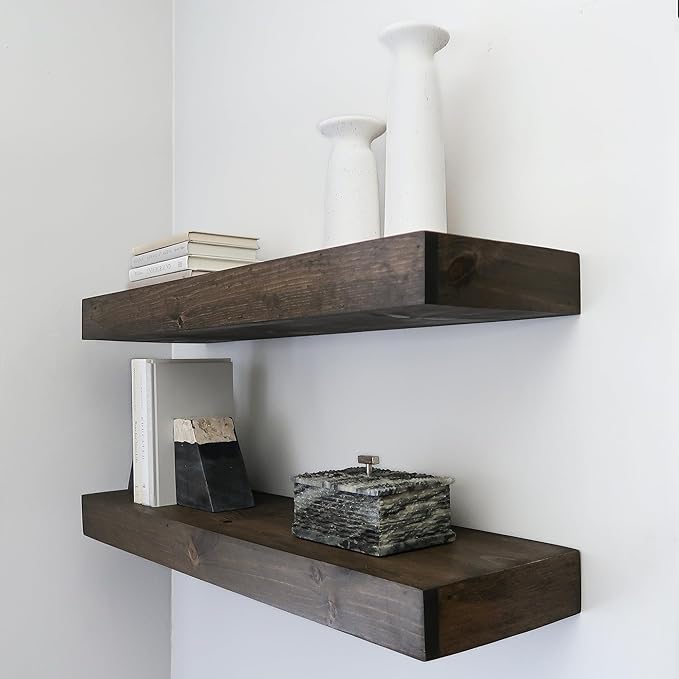 Urbandi Modern Floating Shelves 3 Inches Thick for Wall, Wide Shelves for Kitchen, Living Room, Bedroom, and Bathroom, Natural Pine Wood, Rustic Wooden Shelf, (Set of 2) (Jacobean, 36Lx3Hx6D)