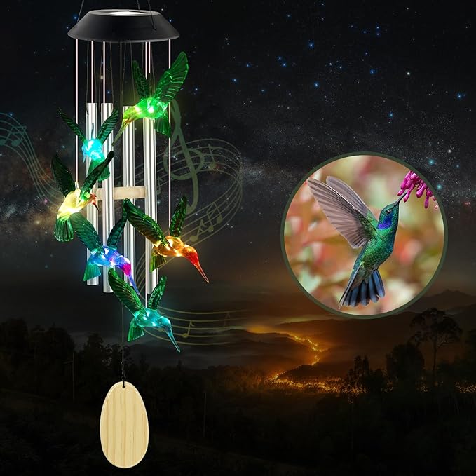 Hummingbird Decorative Mobiles Gifts, Solar Hummingbird Wind Chimes, Gifts for Mom, Women, Grandma, Garden Courtyard Lawn Decor, Gift for Christmas and New Year