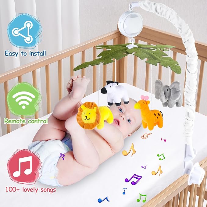 Baby Crib Mobile with Music and Lights, Mobile for Crib with Remote Control, Rotation, Starlight Projection, Crib Toys for Babies Boys Girls(Green)