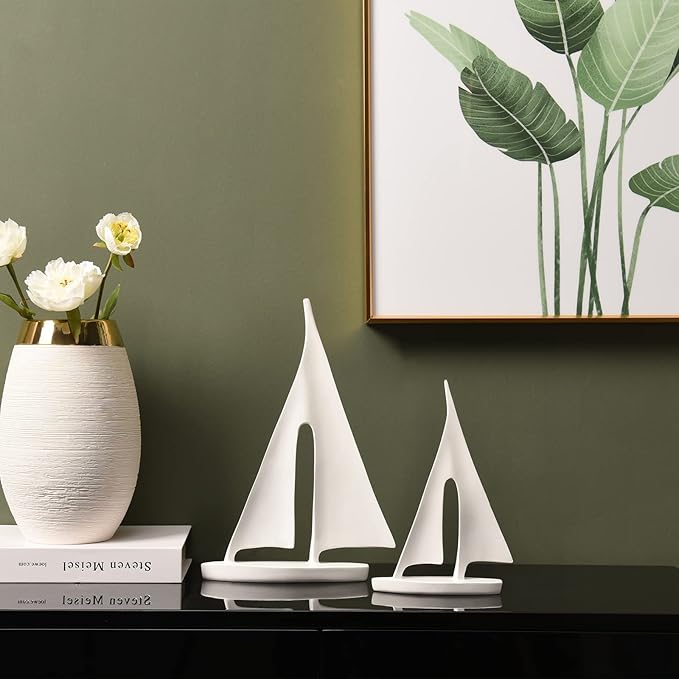 Modern Sculptures Home Decor, Sailboat Decor Ornament, Boat Decorations Statue Decor, Art Sculptures and Statues, Sailboat Gifts Home Office Bathroom Shelf Decor (White-2 Pack)
