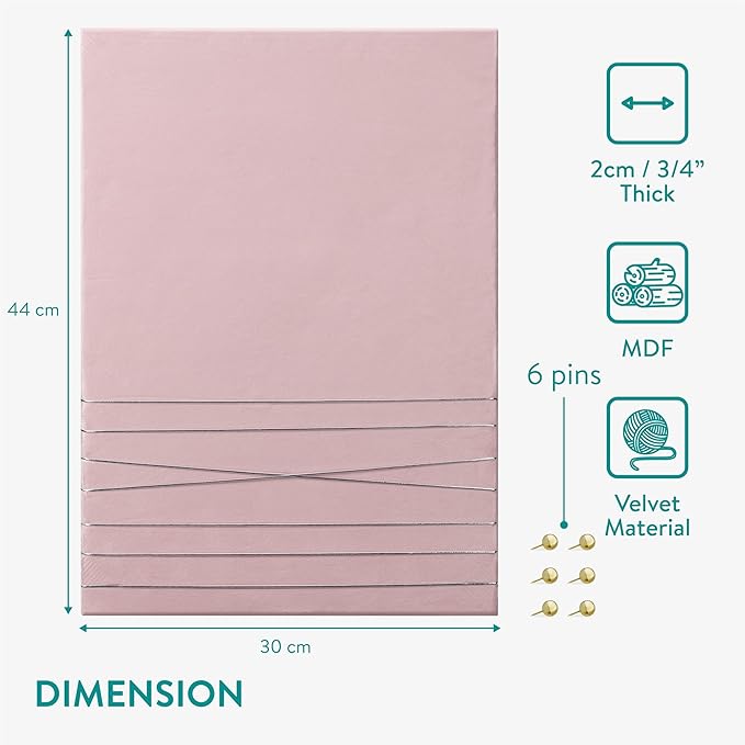Navaris Fabric Memo Bulletin Board - 20" x 28" Velvet Memory Board for Wall to Display Photo Collages, Pictures, Notes - Includes 6 Push Pins - Pink