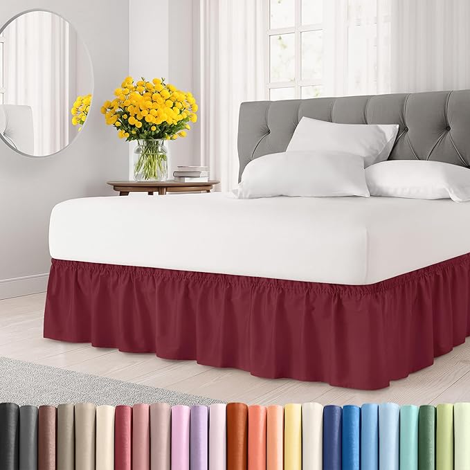 Wrap Around Dust Ruffle Bed Skirt - Burgundy - for King Size Beds with 15 Inch Drop - Easy Fit Elastic Strap - Adjustable Pleated Bedskirt w/Brushed Fabric Wrinkle Free - for Women, Men, Kids & Teens