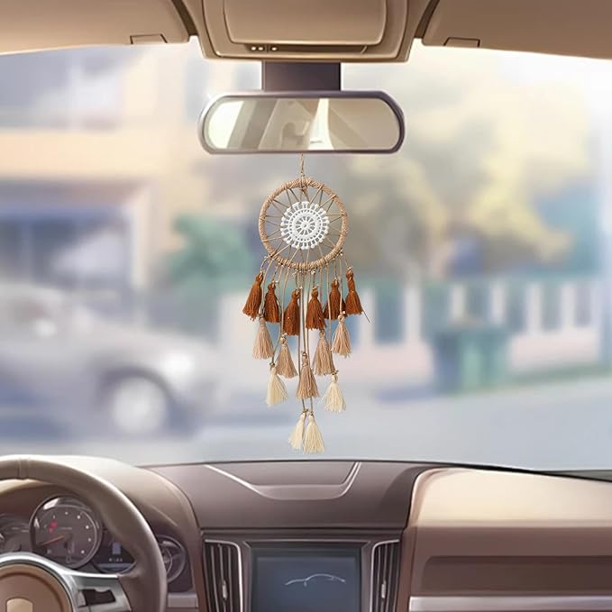 Artilady Small Dream Catcher for Cars - Bohemian Mini Dream Catchers for Cars Rear View Mirror Hanging Decoration (Orange)