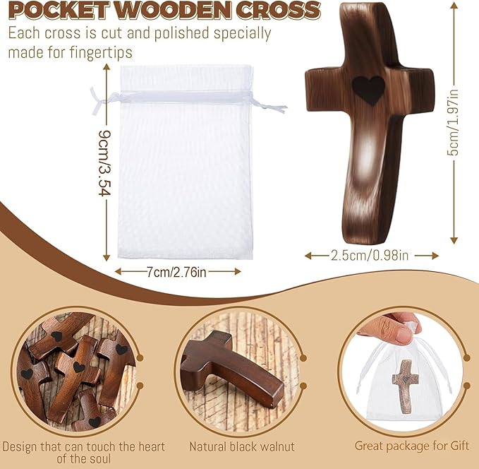 Brevynx Handmade 25Pcs Pocket Wooden Cross Fidget in bulk with Organza Bags - Stress Relief Cross My Heart for Christian, Religious Easter Day Gifts