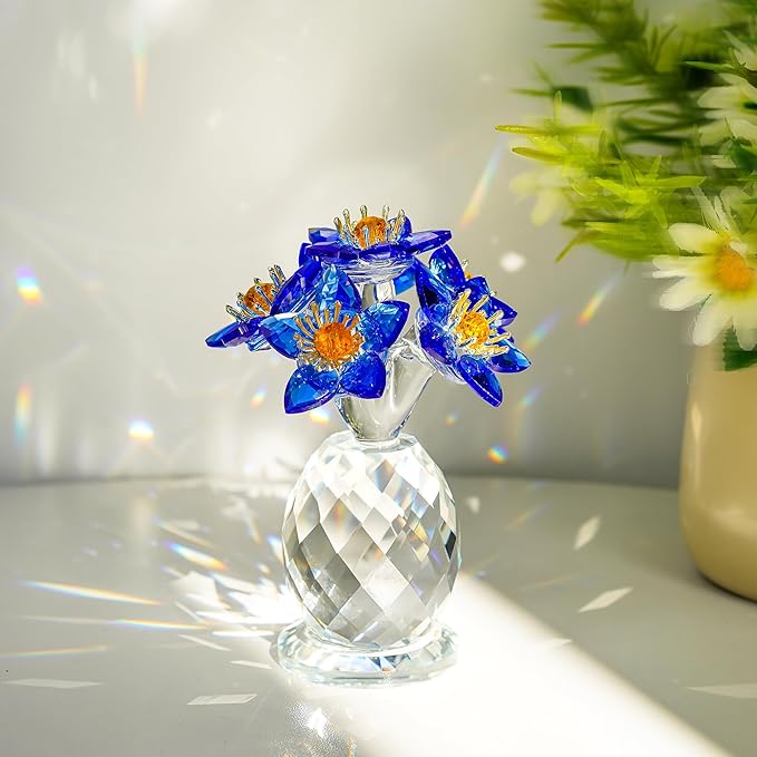 Blue Crystal Flower Figurine Collectibles Crystal Flower Christmas Ornament for Home Decor Table Centerpiece Glass Bouquet Flowers Keepsake for Women