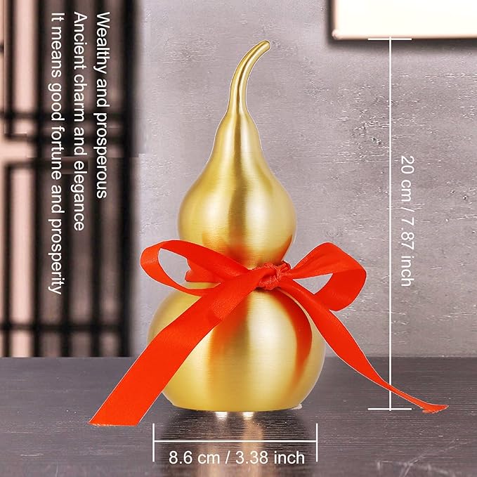 Feng Shui Wu Lou Brass Gourd with Red Luck Strip for Charm Prosperity Home Furnishing Decor, 7.87inch Tall, Full Brass, Fortune Protection, Bring Good Luck, Safty, Healthy, Success