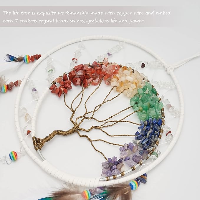 7 Chakras White Tree of Life Dream Catchers Wall Decor with Rainbow Healing Crystal Stone Handmade Art Feather Dreamcatcher Wall Hanging Ornament for Bedroom Decor Blessing Gift Wedding Party-23.6"