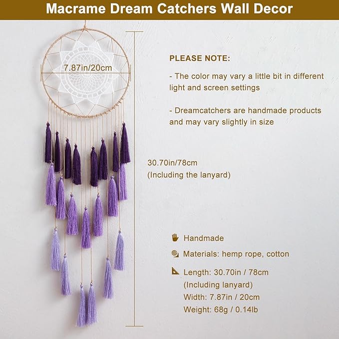 Artilady Macrame Dream Catchers for Bedroom - Tassel Wall Hanging Handmade Dreamcatchers Home Decor with Tassel Feather Ornament Craft Blessing Gift (Purple)