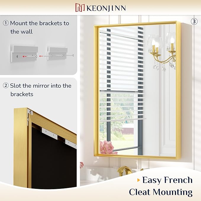 Keonjinn Gold Bathroom Mirrors 48” x 40” Rectangle Wall Vanity Mirror Large Metal Framed Brushed Gold Mirrors Square Corner Farmhouse Mirror for Over Sink(Horizontal/Vertical)