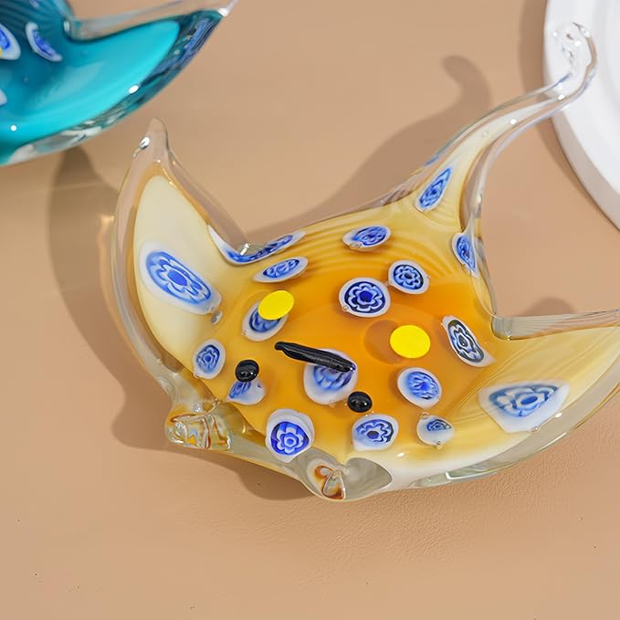 Crystal Ray Fish Figurine Hand Blown Glass Manta Ray Statue Collectibles Ocean Art Sea Animal Home Table Decor Gift Yellow 4.9''
