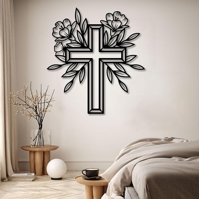 ENJOYOO Metal Cross Wall Decor, Religious Cross Decoration, Flower Metal Wall Art, Garden Wall Art Outdoor (Black, 28×25in/70×65cm, metal wall art)