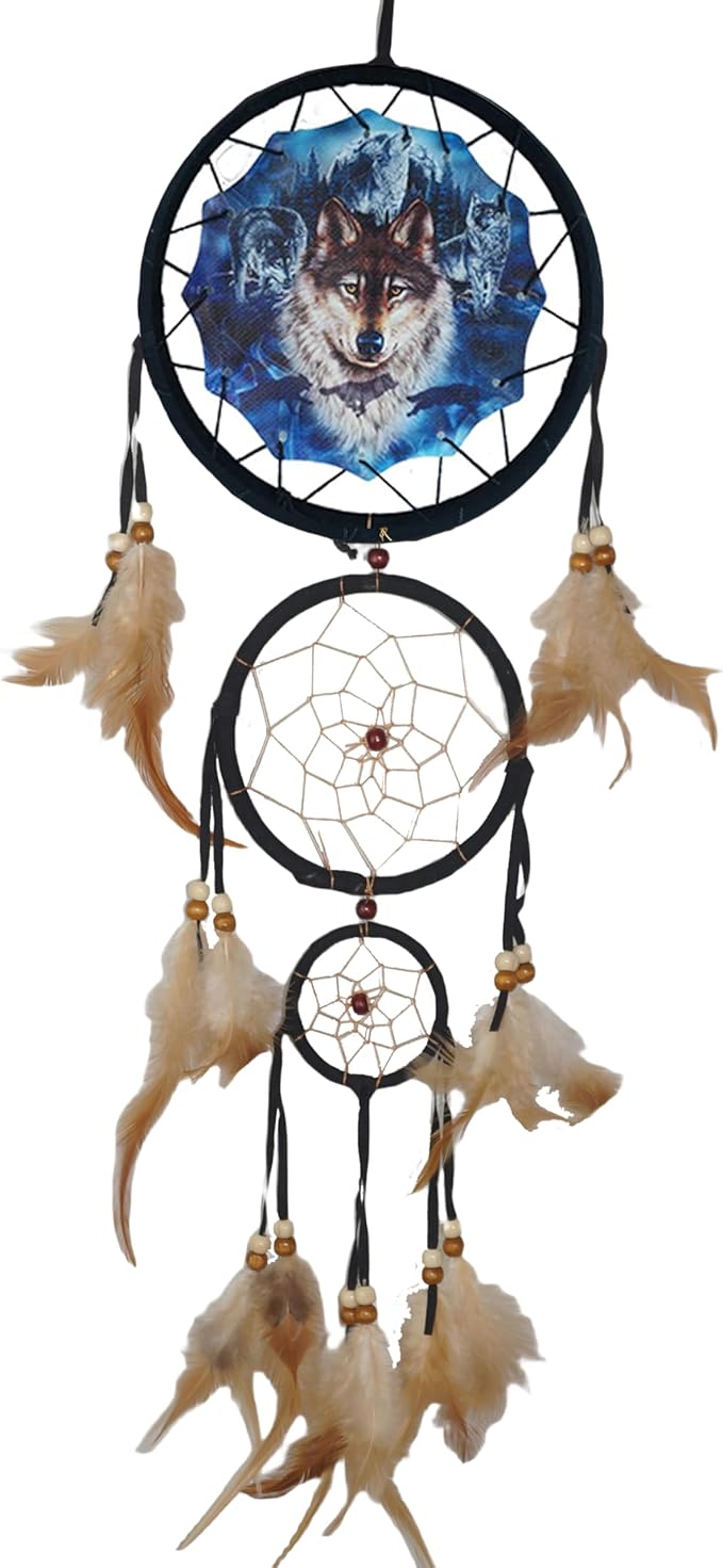 Remorelt Wolf Eagle Bear Dream Catcher Bedroom Wall Decor, Christmas Home Decoration, Room Accessory, White Moon Feather Decoration - Unique Home Craft Wall Pendant (DC11 6Inch Blue Moon Wolf)
