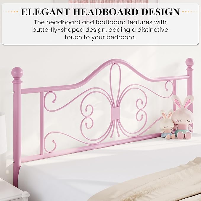 SHA CERLIN Queen Size Bed Frame for Kids,Metal Bed Frame with Butterfly Pattern Design Headboard and Footboard,No Box Spring Needed,Easy Assembly,Pink