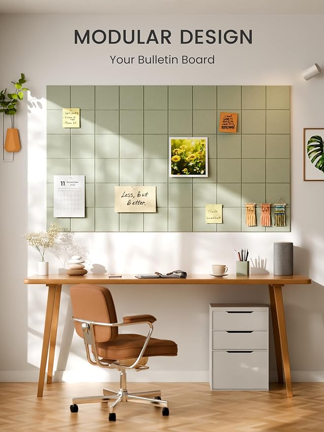Bumusty Large Felt Bulletin Board, 36" x 24" Cork Board Alternative, 6-Pack Wall Tiles with 4-Compartment Design, 30 Push Pins, 40 Adhesive Tabs, Ideal for Office & Home Decor, Sage