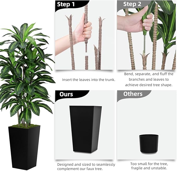 Artificial Dracaena Plant Indoor 5FT - Fake Tree with White Tall Planter - Faux Yucca Tall Fake Floor Plant in Pot - Artificial Trees for Home Office Living Room Decor Indoor