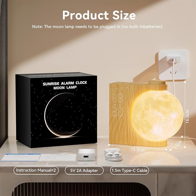 Sunrise Alarm Clocks for Heavy Sleepers,Night Lamp Clocks for Bedrooms with Moon Light,10 Light Effects,30/60/90 Timer,10 Sleep Nature Sounds,15 Ringtones,12 Volume Control with Snooze Function