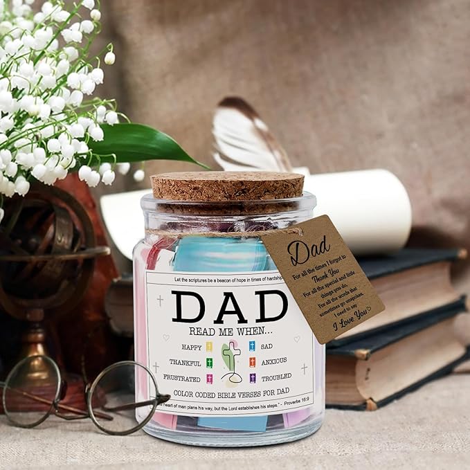 NewEleven Dad Gift, Gifts For Dad From Daughter, Son - New Dad Birthday Gift, Bible Verse Jar For Father - Decorative Glass Inspirational Scripture Jar with 92 Bible Verses