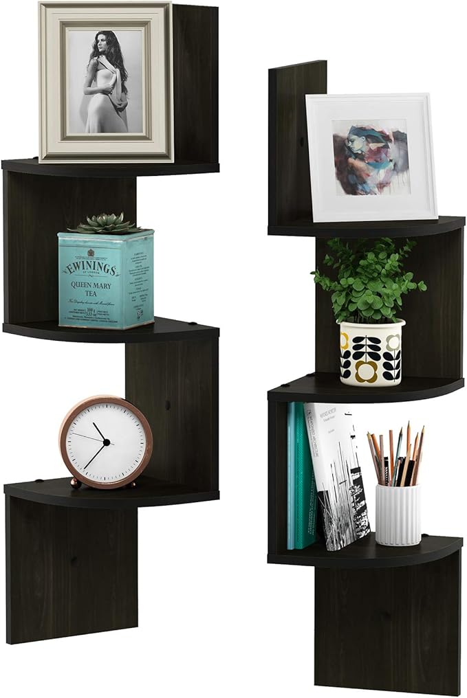 Furinno Rossi Wall Mount Floating Corner Shelf, 3-Tier Radial Set of 2, Espresso