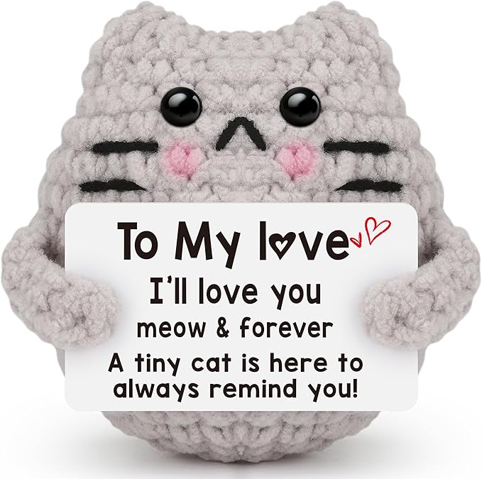 Gifts for Him Her Boyfriend Girlfriend Wife Husband Wedding Anniversary Birthday Gift for Women Men Handmade Positive Cat I Love You Crochet Couples to My Love Christmas