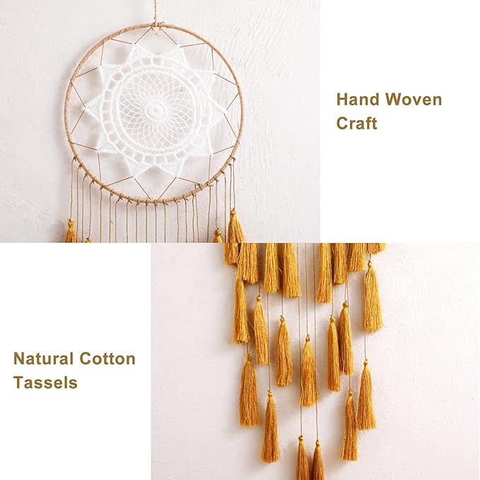 Artilady Macrame Dream Catchers for Bedroom - Tassel Wall Hanging Handmade Dreamcatchers Home Decor with Tassel Feather Ornament Craft Blessing Gift (Orange)