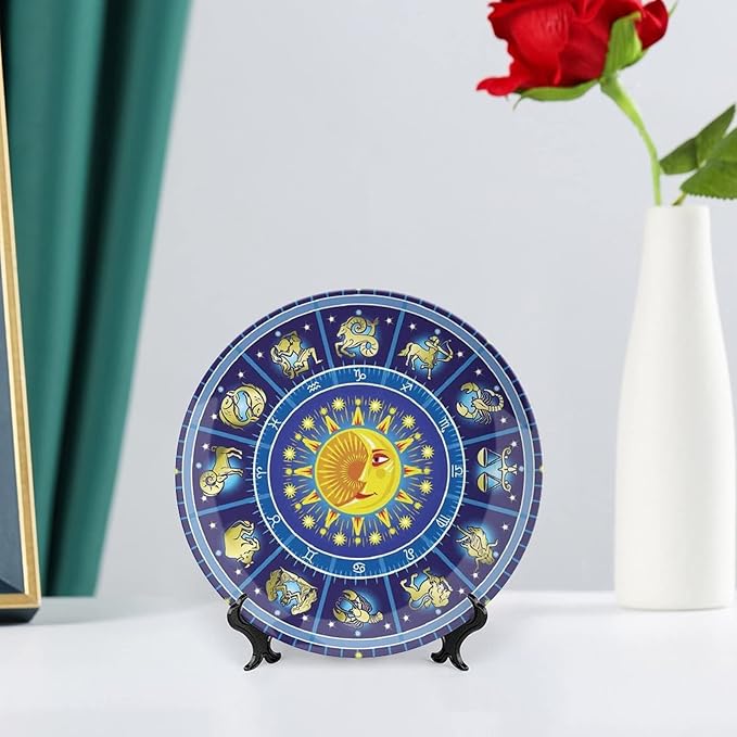 Decorative Plates, Astrology Print Ornament, Horoscope Circle Sun Birth Zodiac Constellation, 10 Inch, 1 Plate with 1 Display Stand, Yellow Orange Dark Blue