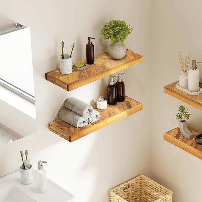 24" Acacia Chevron Floating Shelves Set of 2 - Wall Mounted Wooden Shelf for Stylish Home Décor - Natural Color - 24x6.7x1.5 Inches