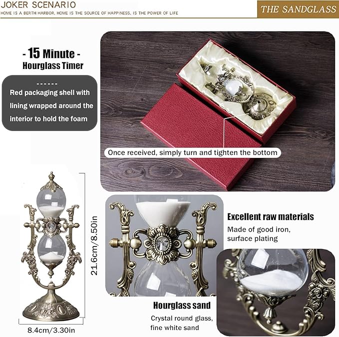 Sanduhr 15 Minuten,Hour Glass,Metal Vintage Hourglass,Hourglass Decor, Hourglass with Sand Embossed Metal Hour Glass Timer,for Home Desk Office Weddin Kitchen Timer (White Sand)