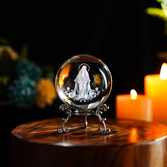 3D The Blessed Virgin Mary Crystal Ball Laser Etched Our Lady of Guadalupe Glass Sphere Statue Mother Mary Christian Catholic Religious Easter Gifts