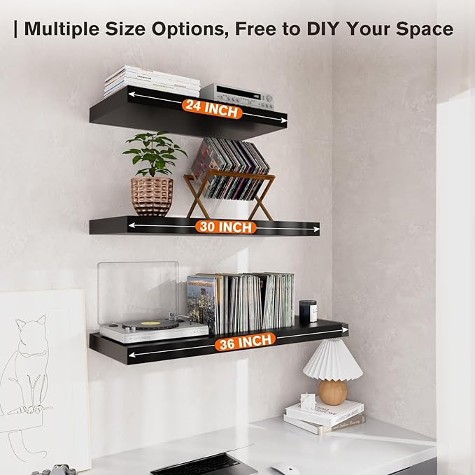 Floating Shelf, Set of 2 Wall Shelf, 30 in W x 12.75 in D x 2 in H Wooden Floating Wall Shelf with Invisible Brackets for Living Room/Bedroom/Bathroom/Kitchen Storage and Decor, Black