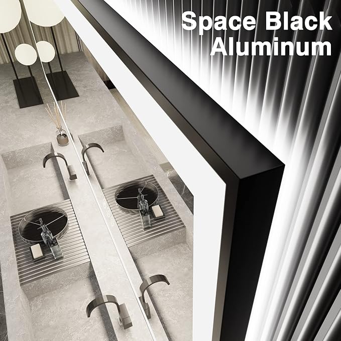 24x36 LED Bathroom Mirrors for Wall -Black Aluminum Framed (Front and Backlit), Anti-Fog Vanity Mirror with Lights,Stepless Dimmable Lighted, 3 Colors Smart Mirror(Horizontal/Vertical)