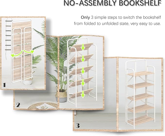 4NM No Assembly Folding Bookshelf, 5 Tiers Collapsible Book Shelves Open Industrial Foldable Storage Bookcase Shelf for Bedroom, Living Room, Home Office - Natural and White