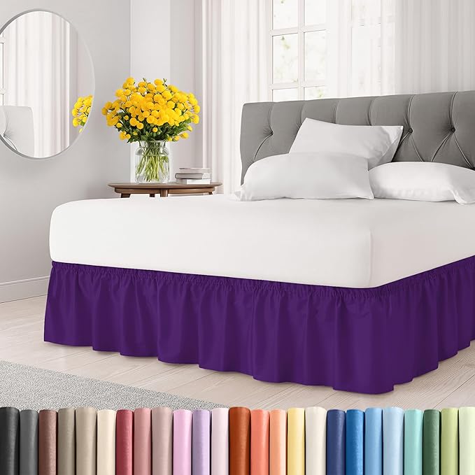 Wrap Around Dust Ruffle Bed Skirt - Purple - for Full Size Beds with 24 Inch Drop - Easy Fit Elastic Strap - Adjustable Pleated Bedskirt w/Brushed Fabric - Wrinkle Free - for Women, Men, Kids & Teens