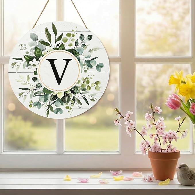 Smile Monogram Letter V Wreaths Wooden Welcome Sign, Family Last Name Initial Front Door Wall Decoration, Floral Spring Summer Porch Rustic Home Kitchen Decor
