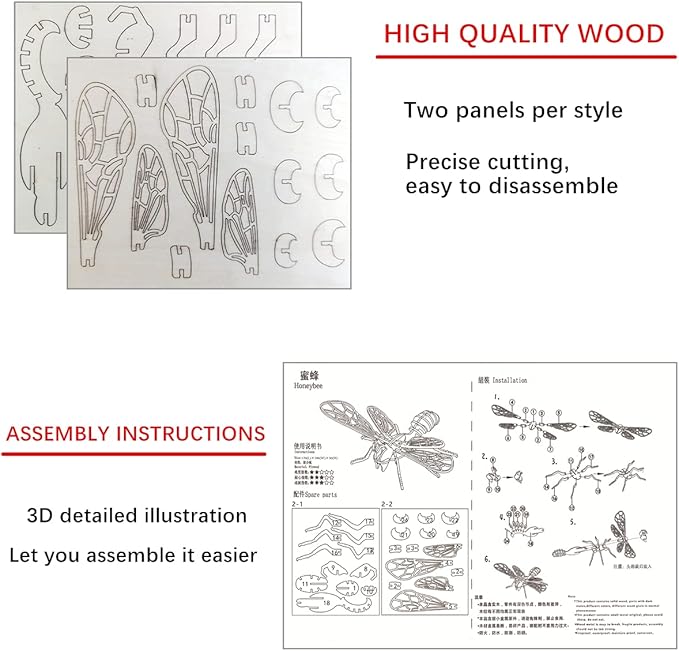 3D Wooden Insect Puzzle - 6 Piece Set Insect Animal Skeleton Assembly Model Puzzle - DIY Wooden Crafts 3D Puzzle - Wood Toys Gifts for Adults & Teens Birthday Gifts Christmas