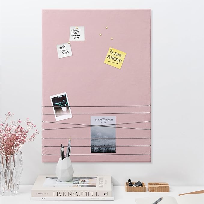 Navaris Fabric Memo Bulletin Board - 20" x 28" Velvet Memory Board for Wall to Display Photo Collages, Pictures, Notes - Includes 6 Push Pins - Pink