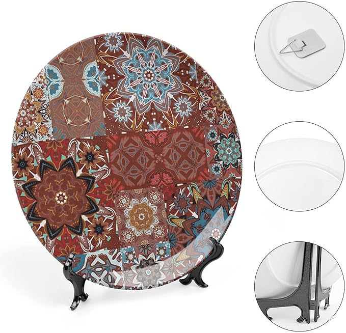 XISUNYA 10 Inch Decorative Plate, Mandala Porcelain Plate, Classic Victorian Floral Authentic Motives Tribal Print Ornament Display Plate Handmade Plate Wedding Gifts, Multicolor