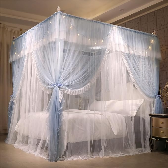VETHIN 4 Corners Post Ruffle Princess Bed Canopy Curtain-Double Layer Cozy Drape Netting 4 Opening Mosquito Net for Girls Adults Bedroom Decoration (Gray/White,59" W*82" L*82"*H/Queen)