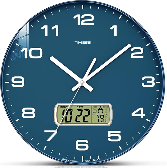 Wall Clock, 10" Dial Non-Ticking Silent Battery Operated Analog with LCD Display for Perpetual Calendar and F° Temperature, Ideal Modern Home, Bedroom, Kitchen, Office Decor (Blue)