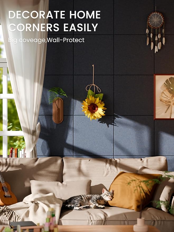 Bumusty Large Cork Board 36" x 24" Alternative - 6 Pack Felt Wall Tiles with 40 Safe Removable Adhesive Tabs, 30 Pushpins, Cork Boards for Walls Bulletin Board Office Decor (Deep Charcoal Blue)