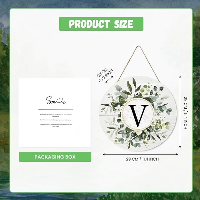 Smile Monogram Letter V Wreaths Wooden Welcome Sign, Family Last Name Initial Front Door Wall Decoration, Floral Spring Summer Porch Rustic Home Kitchen Decor