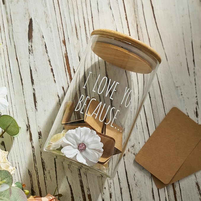 AW BRIDAL 50 Blank Love Notes Memory Jar, Anniversary Birthday Gifts for Boyfriend Girlfriend Husband Wife Mom Dad Friends, Couple Gifts Love You Because Jar for Engagement Bridal Wedding Registry